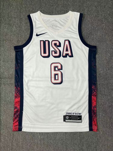 Nike Lebron James 6 White Mens USA Basketball 2024 Swingman Player Jersey